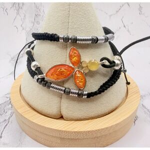 Black Cord Bracelet Lot of 3 Orange Yellow Glass Cross Silver Tone Adjustable